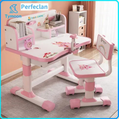 Perfeclan Widened Desktop Childrens Study Desk and Chair Set Safe & Long-Lasting Kids Desk and Chair Set Easy to Assemble Student Writing Table with Storage for Students Teenagers Girls Bedroom Home Playroom