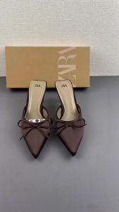 G7ZA2024 New Womens Shoes with Bow Decoration Pointed Toe Shallow Mouth High Heels Open Back Thin Heels Fashion Sandals for Women 7/7