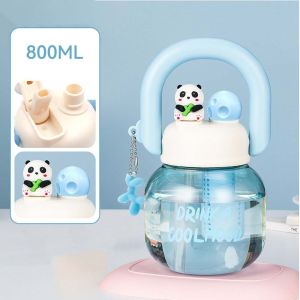 Cute Panda Straw Water Cup with Two Drinking Mouths Portable Large Capacity Water Bottle for Outside