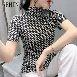 REHIN Autumn new fashion printed half-high collar short-sleeved T-shirt versatile and slimming womens top