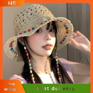 HB Fashionable Colorful Wooden Bead Straw Hat For Women In Summer With Large Hollow Brim Sun Hat Foldable Fisherman Hat