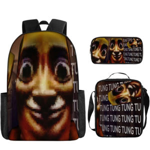 14 inch double-layer Tung Tung Tung Sahur student backpack three-piece set Tralalero Tralala multi-size backpack double shoulder bag pencil case as a gift for children to start school