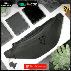 Tas Selempang Pria Kulit Sapi Leaderbag Hitam Waterprof Waistbag Tas Pinggang Cowok Multifungsi Slingbag