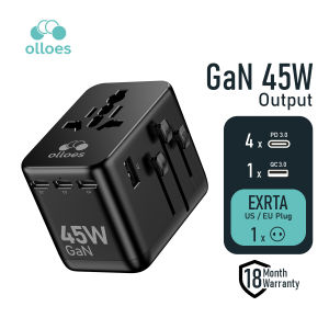 OLLOES GaN 45W Universal Travel Adapter with Extra US/EU Plug 4 x USB-C 1 x USB-A GaN Fast Charging