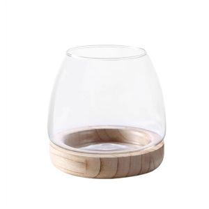 HI BRO Decorative Circular Wooden Bucket Tank Simple Round Transparent Glass Fish Tank Aquariums Decorate with Wood Base Glass Planter Hydroponic Vase for Home