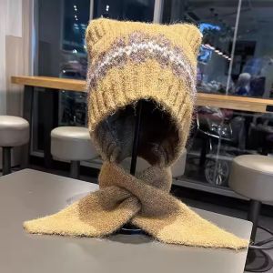 Dễ Thương Gấu Khăn choàng dệt kim Hat Cho Phụ Nữ bảo vệ tai mũ ấm mùa đông Balaclava Mũ Nhiệt Len Khăn Quàng Cổ có mũ cho bé gái Beanies