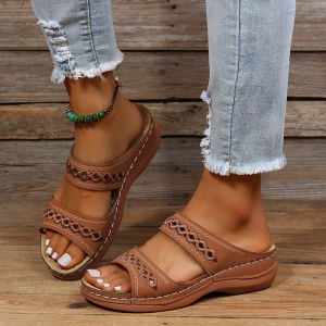 [Free Shipping] New Plus-Size Slippers Featuring A Retro Design With Decorative Stitching A Round Toe A Hollowed-Out Pattern And A Wedge Heel In A One-Strap Style For Women