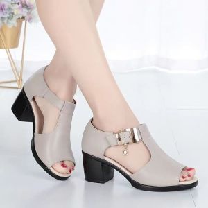Free Shipping New Women’S Fish-Mouth Sandals Mid-Heel Chunky Heel Genuine Leather Versatile Stylish With A Single-Strap Design And Non-Slip Soles