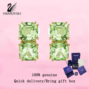💎 Swarovski 💎 Womens fashion earrings Gold Plated Square Cut Green Crystal Gemstone Millenia Clip Earrings Valentines Day gift Birthday gift