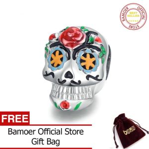 BAMOER Charm Nguyên Bản Bạch Kim Oxy Hóa Đầu Lâu Halloween Bằng Bạc Sterling 925 Để Làm Trang Sức Tự Làm Thương Hiệu Cho Nữ Cô Gái BSC326