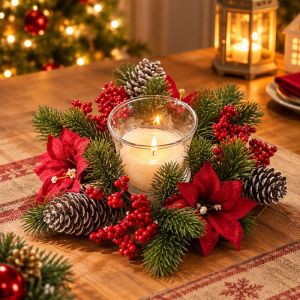 Tulip Home Furnishings Store Mladen Christmas Candle Wreath Holder Red Berries Pine Cone Versatile Home Party Table Decor