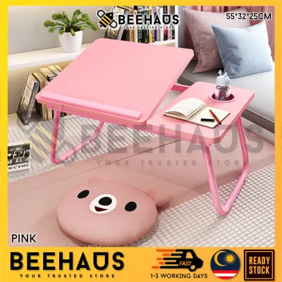 BEEHAUS Adjustable Foldable Table Cup Holder Bed Laptop Table Portable Computer Desk Breakfast Table Meja Lipat