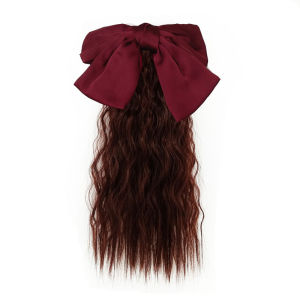 1pc Red Bow Long Ponytail  Long Children Headdress Daily Soft Princess Curly Wig Hairpieces For Kids Children Girls Decoration