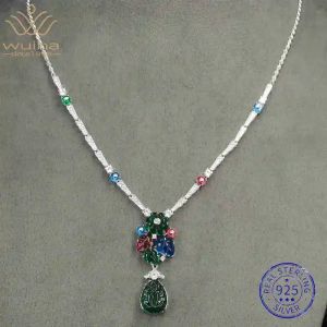 WUIHA Vintage 925 Sterling Silver Sapphire Ruby Emerald High Carbon Diamonds Gemstone Cocktail Pendant Necklaces Fine Jewelry