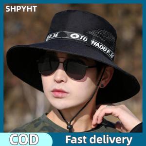 SHPYHT Mũ chống gió nam ngoài trời Mũ rộng vành phẳng nam mũ cắm trại in chữ chống UV dây đeo rỗng nam mũ ngư dân