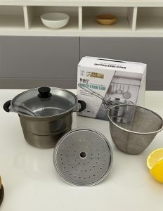 COD 3pcs/1set Household Stainless Steel Deep Fryer Pot Visible Lid Japanese Pasta Pot with Frying Basket and Steamer Stockpot Tempura