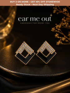 [SG] Black & Gold Geometric Crystal Stud Earrings | Modern Square Statement Earrings | Elegant Crystal Fashion Jewellery | Minimalist Luxury Earrings | ear me out (EMO-64)