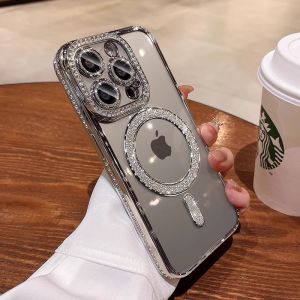 Glitter Diamond for Magsafe Case For iPhone 15 14 13 Pro Max Plus 11 12 Transparent Bling Rhinestone Camera Protector Soft Cover