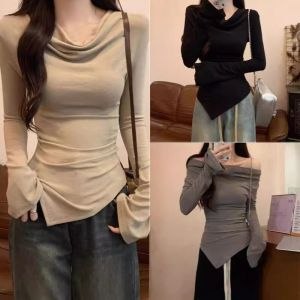 GOOTRADES Slim Fit Long Sleeve T-shirt Irregular Chic T Shirts Women Y2k Stylish Crop Tops Slanted Shoulder Pullover Streetwear