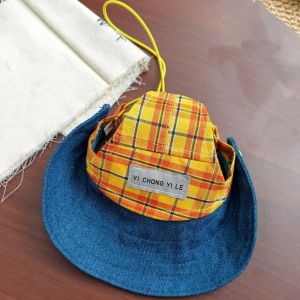 SIRENXI Có thể điều chỉnh Mũ Denim Chống Nắng Cho Thú Cưng Cờ caro Thoáng khí Mũ chống nắng có lỗ hở cho tai thú cưng Dễ thương Nhẹ Mũ che cho chó Mùa hè