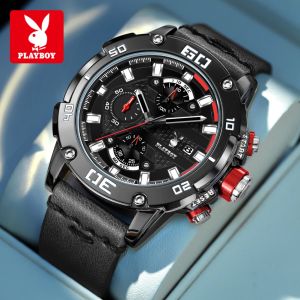 Playboy Đồng Hồ Người Đàn Ông Ban Đầu Không Thấm Nước Thương Hiệu Thể Thao Giản Dị Dây đeo da thời trang đồng hồ có chức năng bấm giờ phát sáng đồng hồ kèm lịch Cho Mens