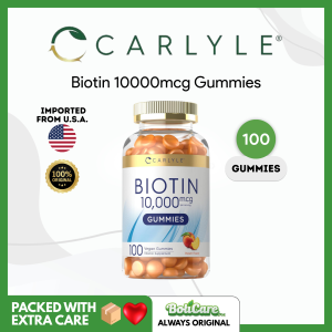 Carlyle Biotin 10000mcg Gummies (100 Vegan Gummies) Hair Skin & Nails Support - Peach Flavor