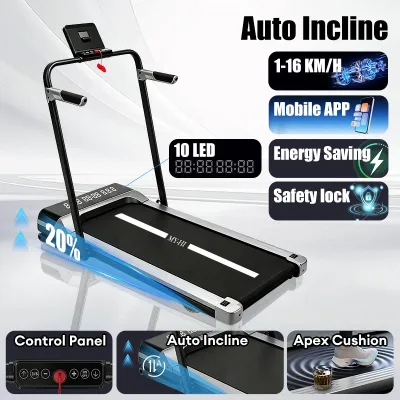 MY-HI Foldable Electric Treadmill 1-20KM/H with Auto Incline Compact Space-Saving Walking Running Machine for Small Apartment Home Gym Shock Absorption Bluetooth Music LED Display