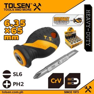 Tolsen 2pcs Stubby Screwdriver Set (6.5x38mm PH2x38mm | 2 in 1 Two Way) GriPro Series