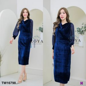 CC 16798 เดรสกำมะหยี่ แขนยาว เดรสออกงาน เดรงงานแต่ง ชุดราตรี (ฟรีไซส์ M อก 34-36 เอว 26-30 สพ36-38 ยาว45)