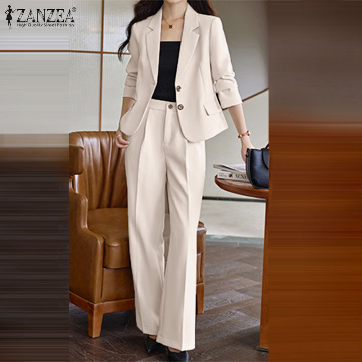 ZANZEA Korean Style Women's 2PCS Suits Formal Office Long Sleeve Lapel  Blazer Straight Loose Pants Sets #11
