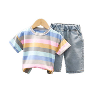 Pakaian anak laki laki bergaris pelangi impor set baju bayi lengan pendek fashion berkualitas tinggi + jeans dua potong kaos anak perempuan musim panas set lucu