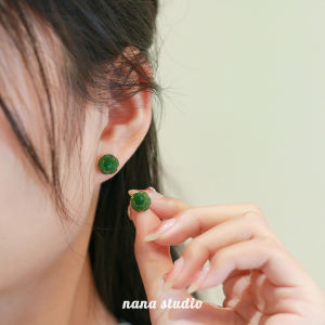 925 Silver Natural Green Jade Rose Earrings Bead Charm Jewellery Fashion Accessories Hand-Carved Man Woman Amulet Gifts 天然碧玉和田玉纯银耳钉女小众设计高级感耳环耳饰复古耳夹