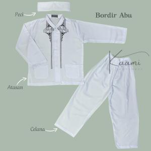 Setelan Koko Putih Bordir Anak Laki Laki Bahan Katun Lengan Panjang Busana Muslim Model Full Kancing