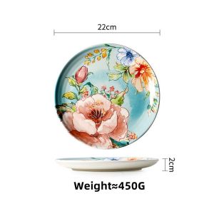 Omk phong cách Mỹ underglaze gốm đĩa ăn tối Đĩa sâu hình chữ nhật Khay phục vụ màu xanh hoa mẫu đơn loạt
