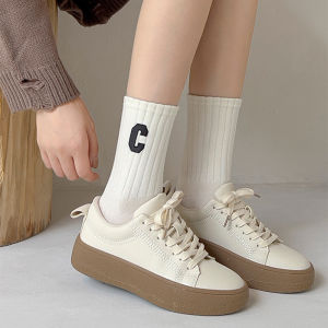 ถุงเท้ากีฬา ระบายอากาศได้ดี พิมพ์ลายตัวอักษร C สีพื้น แฟชั่นฤดูใบไม้ร่วง และฤดูหนาว