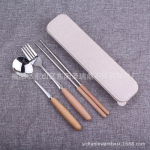 木柄不锈钢餐具盒三件套叉勺筷Three-piece Stainless Steel Cutlery Set with Wooden Handles and Box including Fork Spoon and Chopsticks