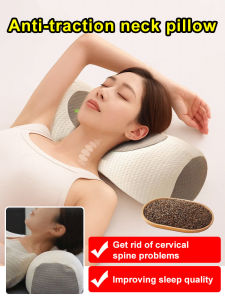 Traction Pillow Cervical Support Orthopedic Pillow Buckwheat Filled Ergonomic Cylinder Design Neck Pain Relief Cervical Spine Alignment Home Use Sleeping Pillow