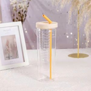 Straw Cup With Filter 700ml Portable Outdoor Lemon Fruit Tea Water Bottle Food Grade PC Drinking Bottle With Foldable Straw Portable Cups BPA Free Nordic Ins Style