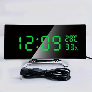 FOUNDTWO Temperature Humidity Digital Alarm Clock Curved Screen Large LED Digital Clock Multi-function Luminous Table Clock Home Decor