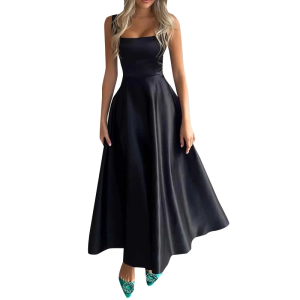 Women Fashion Soid Color Sleeveless Square Neck Elegant Satin Maxi Dress L7002