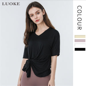 Luokeคอวีผ้าฝ้ายแขนสั้นเสื้อยืดสตรีโยคะกีฬายอดนิยมแขนสั้นผู้หญิงสบายๆหลวมพอดีด้านบน