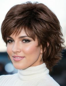 TISHINING Pixie Cut Short Brown Curly Wigs for White Women Fluffy Layered Auburn Heat Synthetic Hair Wig with Bangs Natural Looking Daily Party Wig