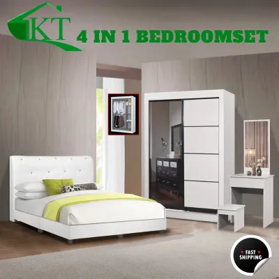 Bedroom Set Sliding Door Wardrobe Queen Bedframe Bedside Table Dressing Table Set Bilik Tidur