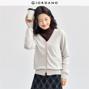 GIORDANO Women Cardigans Contrasting V-Neck Soft Cardigans 100% Cotton Button Closure Simple Fashion Casual Cardigans 18354004