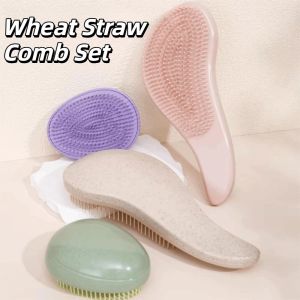 J2UQR3 T/Egg Shape Wheat Straw Comb Set Portable Anti-Static Salon Hair Styling Tools Multifunctional Dry and Wet Dual-purpose Gentle Grooming Brush Salon Use