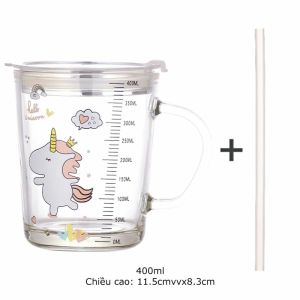 Cốc chia vạch 400ml pha sữa thủy tinh có nắp chống đổ an toàn kèm ống hút dùng cho bé tập uống-HAUSE