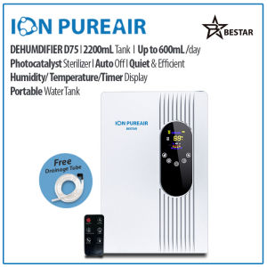 Dehumidifier D75 ION PUREAIR Portable Dehumidifier 2200ml Tank Upto 600ml/Day Humidity/Temperature/Timer Display/ Remote Control