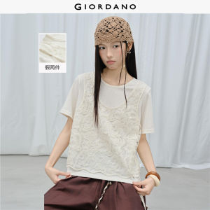 Giordano Women Fake two-piece embroidered loose tee Free Shipping 18326225