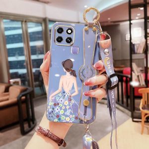 VRQR Luxury Electroplating Silicone Phone Case for Infinix Smart 6 X6511B X6511 X6511E Smart 7 X6515 Dress Girl Wrist Strap Bracket Silicon Soft Cover with Long Lanyard