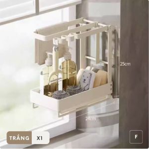Kệ treo đa năng đựng đồ bồn rửa chén bát có thể dán tường chất liệu thép carbon có khay đựng nước
